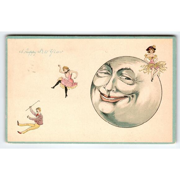 Anthropomorphic Moon Man Fantasy Postcard Pretty Girls New Years 1910 Se 570 - Picture 1 of 3